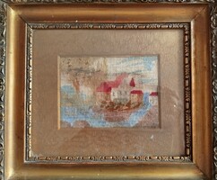 Pasztell színű tűgobelin tájkép, jó állapotú szép régi aranyozott keretben 25x28 cm