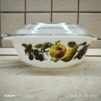 Retro gyümölcsmintás  pyrex-jénai-tejüveg tál fedővel eladó