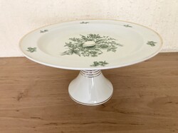 HOLLÓHÁZI porcelán talpas tortatál, kínáló tál, asztalközép, zöld virágos / Erika mintás HIBÁTLAN