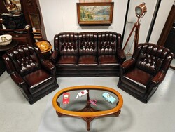 Extra ritka antik Chesterfield ülőgarnitúra GYÖNYÖRŰ antikolt vörösesbarna bőr, patinás állapotban