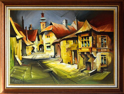 Fassel-L'ousa Ferenc (1915-2009) Kisvárosi délután - kerettel 64x84 cm- alkotás 50x70cm - RI2503-478