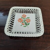 Herendi virágmintás porcelán fonott négyszög kínáló tál
