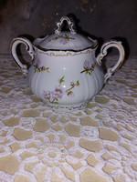 Zsolnay barackvirág mintás porcelán kávés cukortartó arany, barokkos széllel
