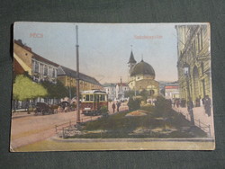 Képeslap,Pécs,Irgalmasok utcája részlet,villamos,Széchenyi tér,Dzsámi látkép,1922-
