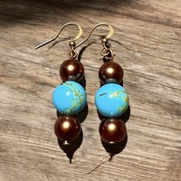 Türkiz köves és barna tekla gyöngyös fülbevaló bronz akasztóval