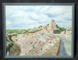 Alarcón vára, Spanyolország (akvarell keretben) középkori épület, mediterrán táj