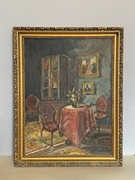 KIS JÁNOS TOKAJ 1956 SZOBABELSŐ JELZETT OLAJ VÁSZON FESTMÉNY EREDETI ARANY SZÍNŰ FA KERETBEN