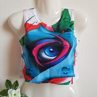 Új, kb. XS-es rózsában kék szem mintás crop top, ujjatlan haspóló