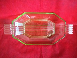 Art deco uránzöld üveg kínáló tál, dísztál, asztalközép