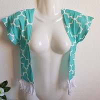 Új, S-es türkizzöld morocco mintás, rojtos boleró, rövid ujjú felső