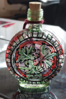 Kézi üveg festett kulacs, italos, pálinkás  palack,