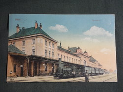 Képeslap,Pécs,Pályaudvar,Vasútállomás,Gőzmozdony szerelvény,Vasúti kiadás Bp., 1915-