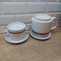 Alföldi porcelán barna csíkos közepes kiöntő és leveses csésze  tetővel