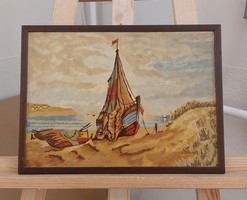 Vízparti festmény hajóval 36x26 cm kerettel