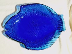 Üveg asztalközép kínáló tál hal alakú  25,5x20x3,5cm Lengyel Zabkowice 1970- retro kobaltkék