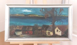 (K) Juhos Sándor festmény 69x40 cm kerettel Elba parti halásztanyák
