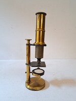 Antik réz iskolai összetett mikroszkóp eredeti fa dobozában