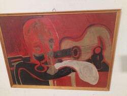 Petrilla István (1935-2000) - Csendélet gitárral. Nagyméretű,ritka olajfestmény.