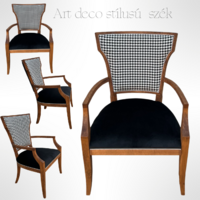 Tömör fából készült art deco stílusú karfásszék új tyúkláb mintás kárpittal