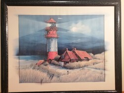 Hajós témában Világító torony ofszet paszpartuval, ízlésesen képként keretezve üveg alatt. 55x45cm.