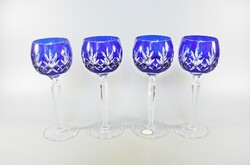 AJKA, KOBALTKÉK, KÉZZEL CSISZOLT, ÓLOMKRISTÁLY BOROS POHARAK, 4 DB-OS SZETT ! (P212)