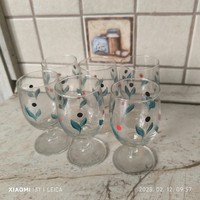 Retro üveg  boros készlet eladó!  6 db kézzel festett talpas pohár eladó!