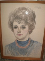 Róna Emmy, Női portré, 1981, Méret: 61 cm.X 46 cm. Színes rajz, keretben