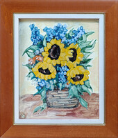 Fehér Margit: Napraforgók - tűzzománc - keretezve 32x27cm - alkotás 25x20cm - FM25/112