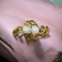 Vintage fém bross rózsakvarc kövekkel, régi aranyozott ásvány kitűző az 1970-es évekből