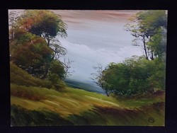 Marosán László - Dombon álló fák olaj, farost festmény 30x40 cm