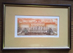Színes rézkarc Hegyfalu Széchenyi kastély dedikált, Kamper Lajos grafikus számozott kis példányszám