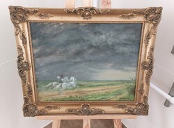 (K) Rimóczi József szép lovas festménye 61x52 cm kerettel