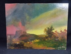 Turza Ferenc - Este I. olaj, farost festmény 30x40 cm