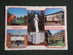 Képeslap,Boglárlelle,mozaik,mozi,Lelle áruház,SZOT üdülő,Lány galambbal szobor látkép,részlet, 1988-