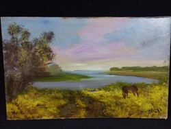 Turza Ferenc - Vízpart lóval olaj, farost festmény 30x40 cm