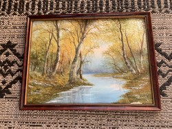 Antik festmény:  Hangulatos őszi erdő csörgedező patakkal. Szignó Popovici (?), tájkép