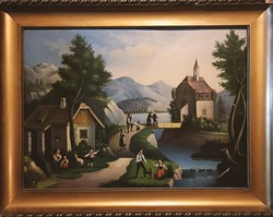 1 ft-ról indul! Régi, fém lemezre festett életkép. Olaj/fém, 34x47cm plusz keret!