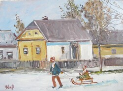 Bánfi -  "Téli utca.." (olaj,karton, 23×33 cm)