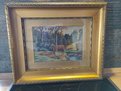 Szarvas az erdőben gobelin  50x42 cm  antik keretben