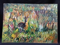 Monos József - Őzbak lombok között olaj, farost festmény 50x70 cm