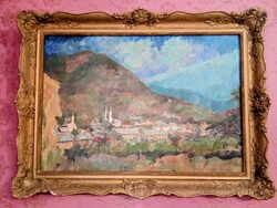 NAGY OSZKÁR (1883-1965) olajfestmény  "FELSŐBÁNYA" 1957-ből