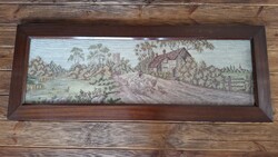 Nagyon nagyméretű gobelin tájkép keretezve üveg betéttel, 55 x 145 cm
