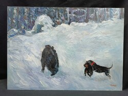 Monos József - Kiskutyák és a vaddisznó hóban olaj, farost festmény 50x70 cm