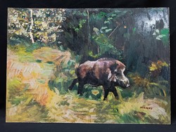 Monos József - Vaddisznó a tisztáson olaj, farost festmény 50x70 cm
