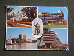 Képeslap,Balatonfüred,mozaik,hotel,szálló,üdülő,Révész és Halász szobor,park sétány,részlet, 1985-