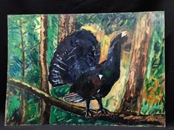 Monos József - Fajdkakas az erdőben olaj, farost festmény 50x70 cm