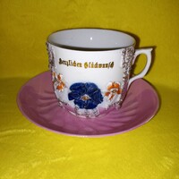 Antik, színes, német porcelán kávés-teás csésze alátéttel.