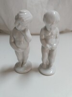 Porcelán gyermek pár (pisilő fiú és lány) figura, putto - 11 cm