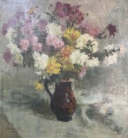 Tóth B. László (1906-1981): Virágcsendélet olaj-vászon festmény 66*61 cm