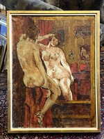 NŐI AKT TÜKÖR ELŐTT, OLAJ, VÁSZON FESTMÉNY ARANY SZÍNŰ FA KERETBEN 60 X 80 CM
